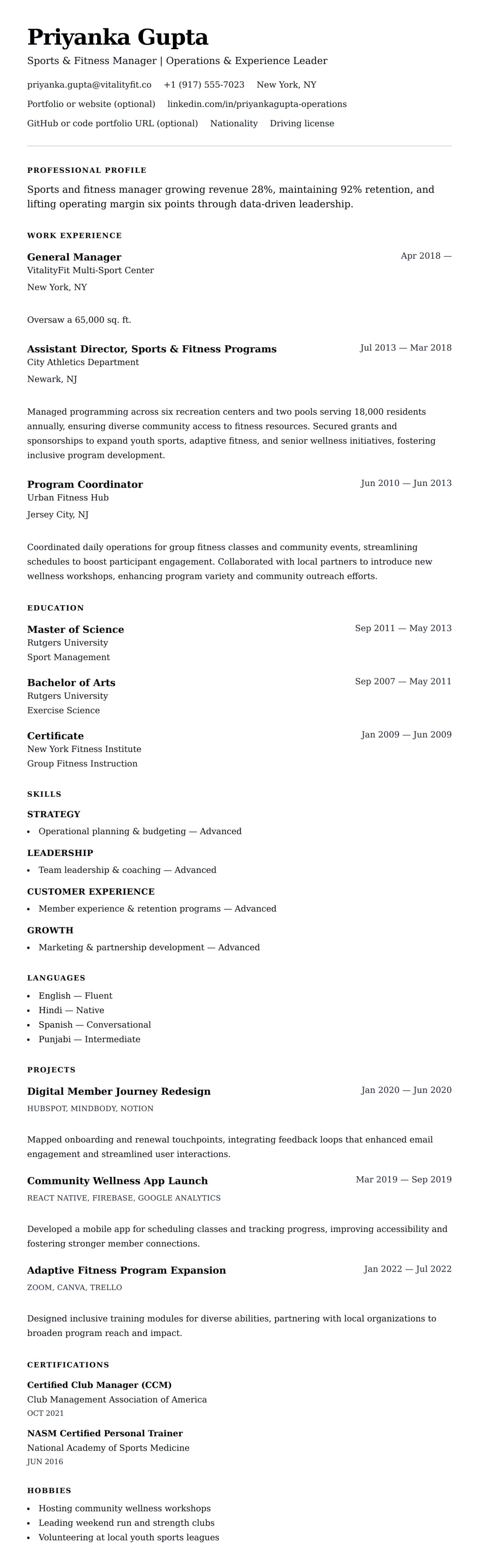 Resume preview for Sports and Fitness Manager Resume Example