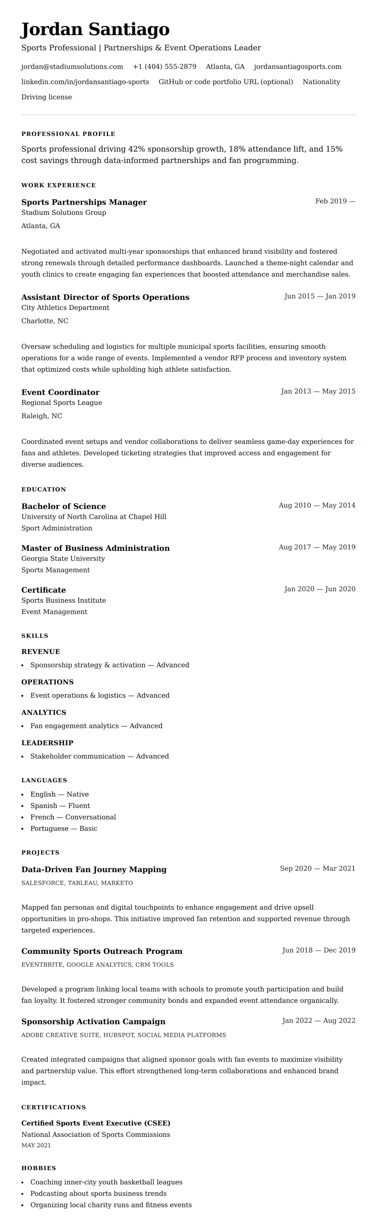 Resume preview for Sports Professional Resume Example