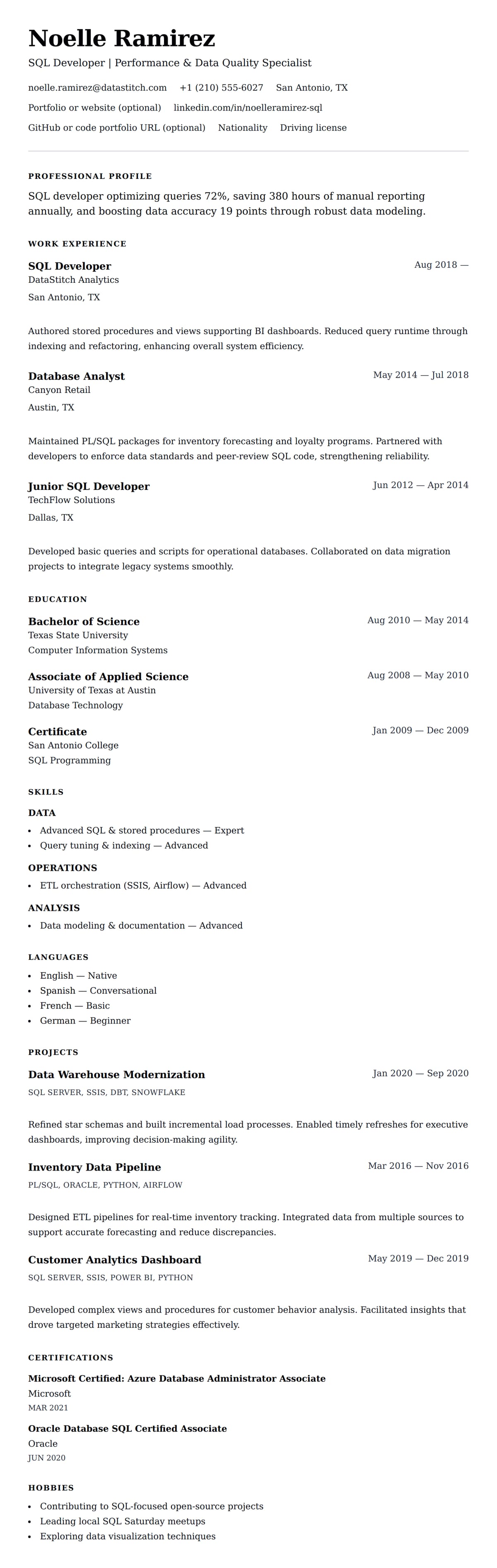 Resume preview for SQL Developer Resume Example