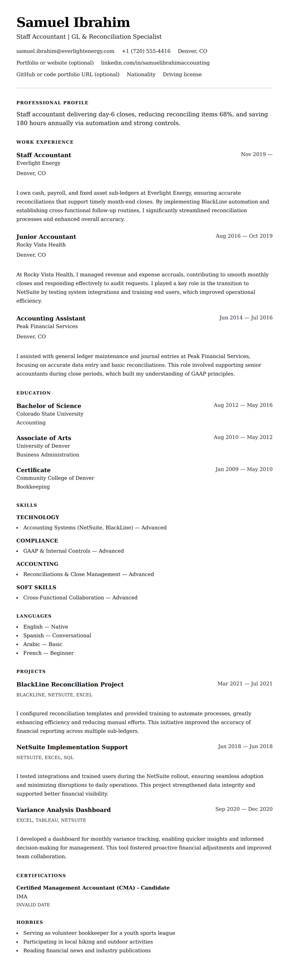 Resume preview for Staff Accountant Resume Example