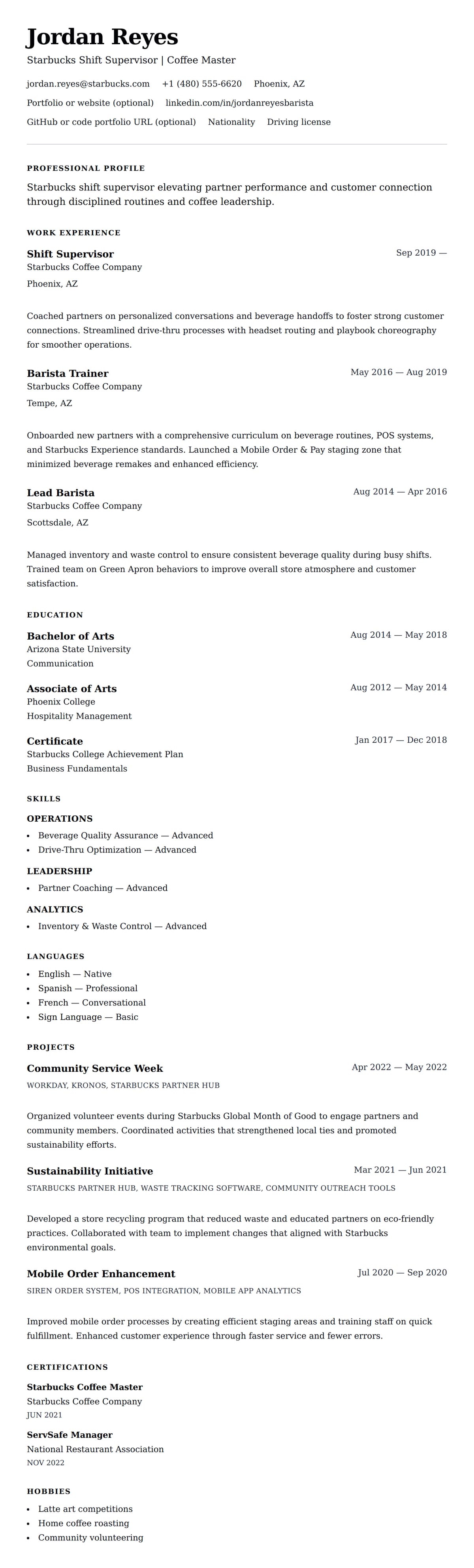 Resume preview for Starbucks Shift Supervisor Resume Example