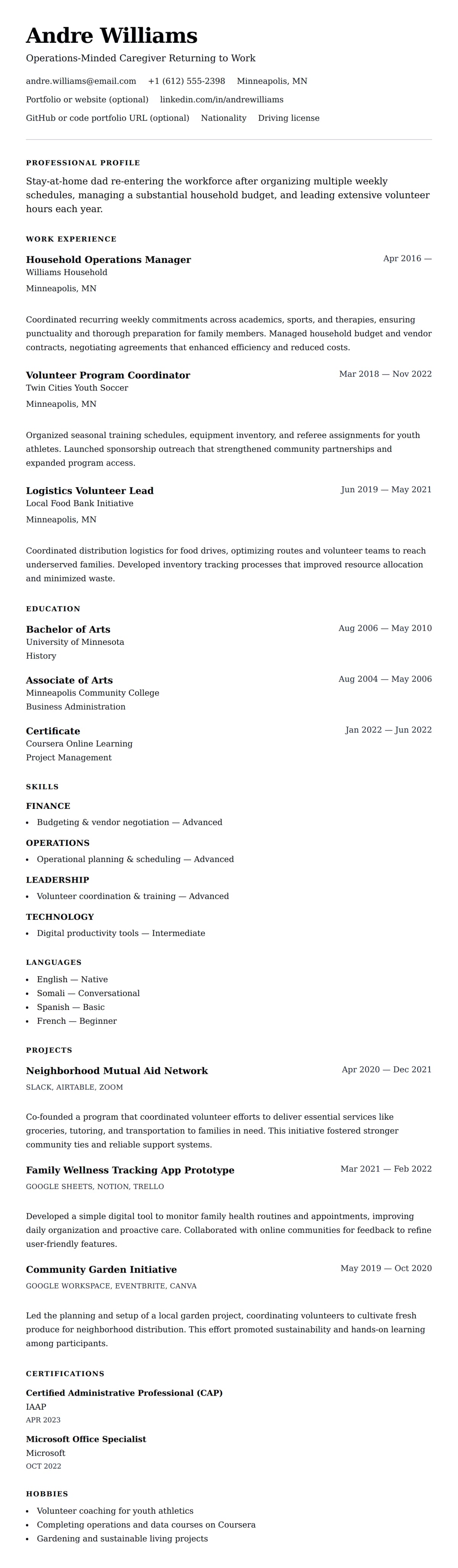 Resume preview for Stay-at-Home Dad Resume Example