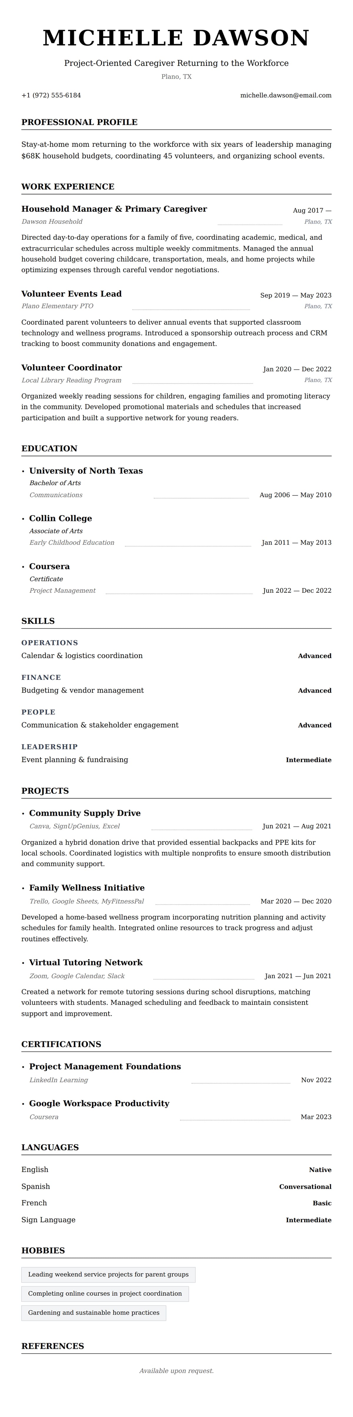 Resume preview for Stay-at-Home Mom Resume Example