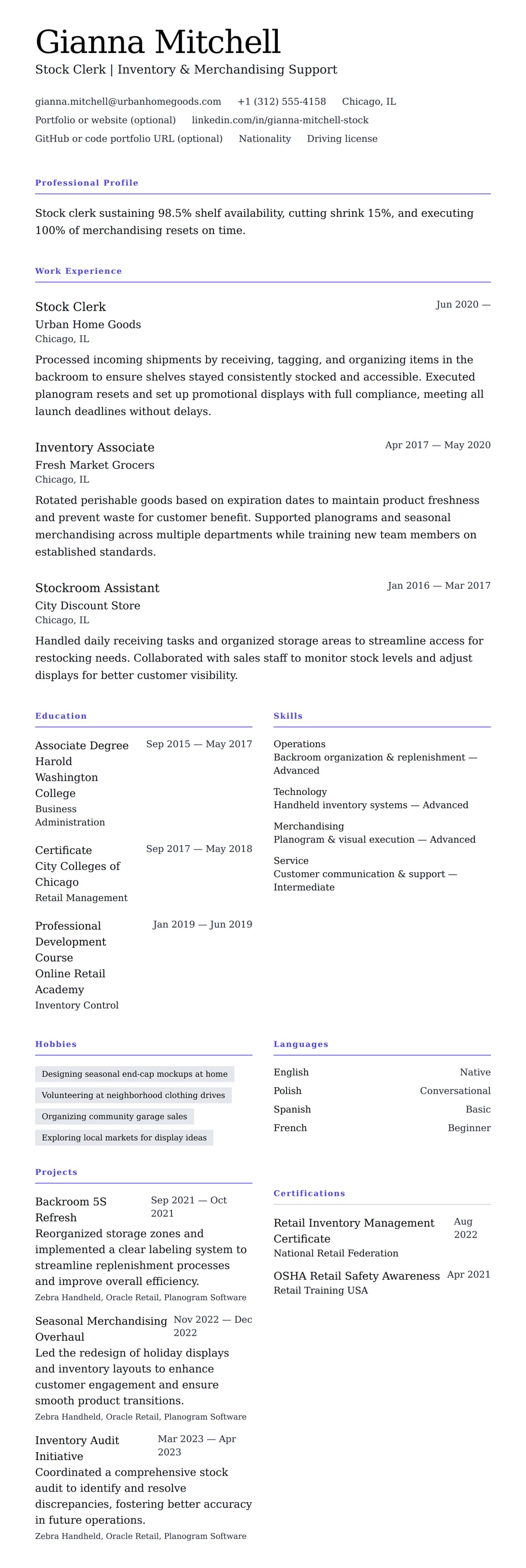Resume preview for Stock Clerk Resume Example