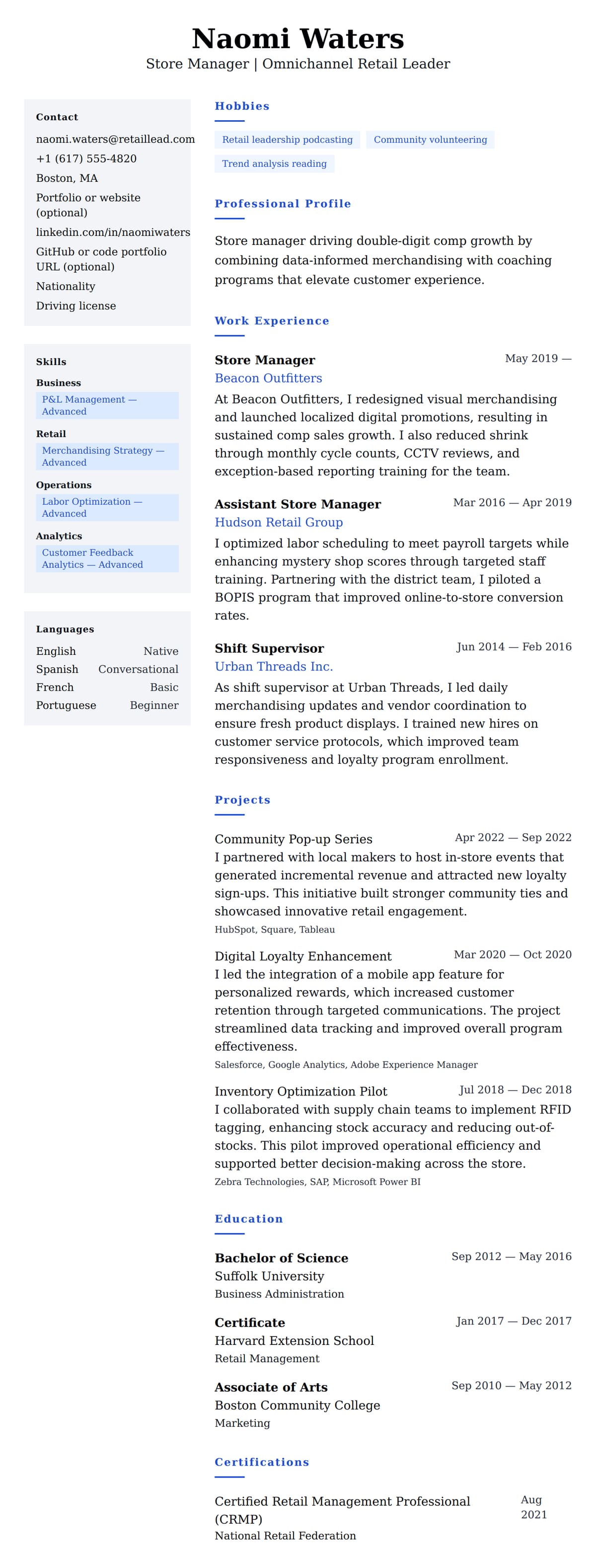 Resume preview for Store Manager Resume Example
