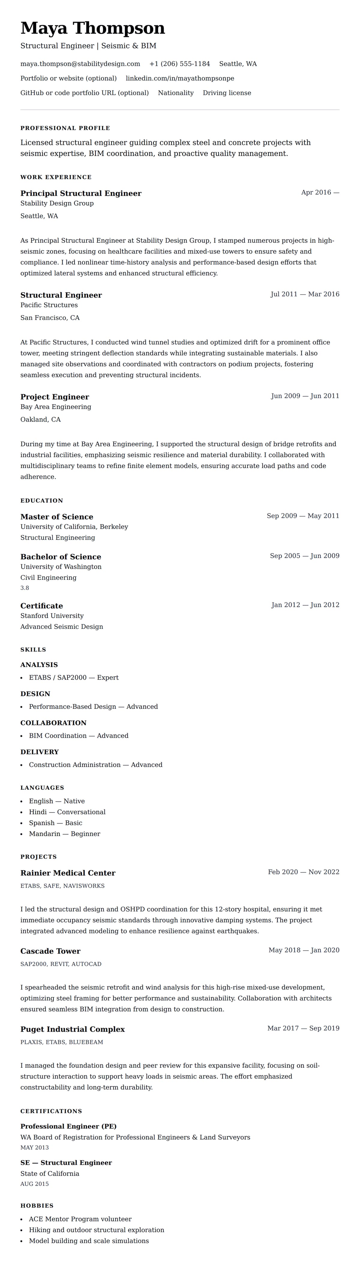 Resume preview for Structural Engineer Resume Example