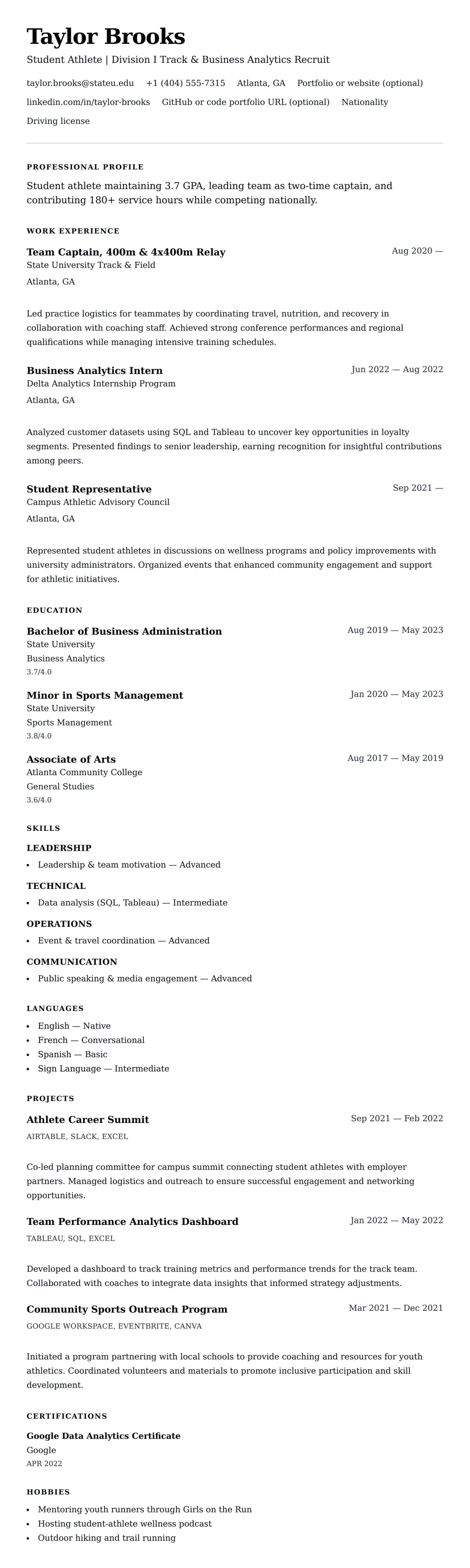 Resume preview for Student Athlete Resume Example