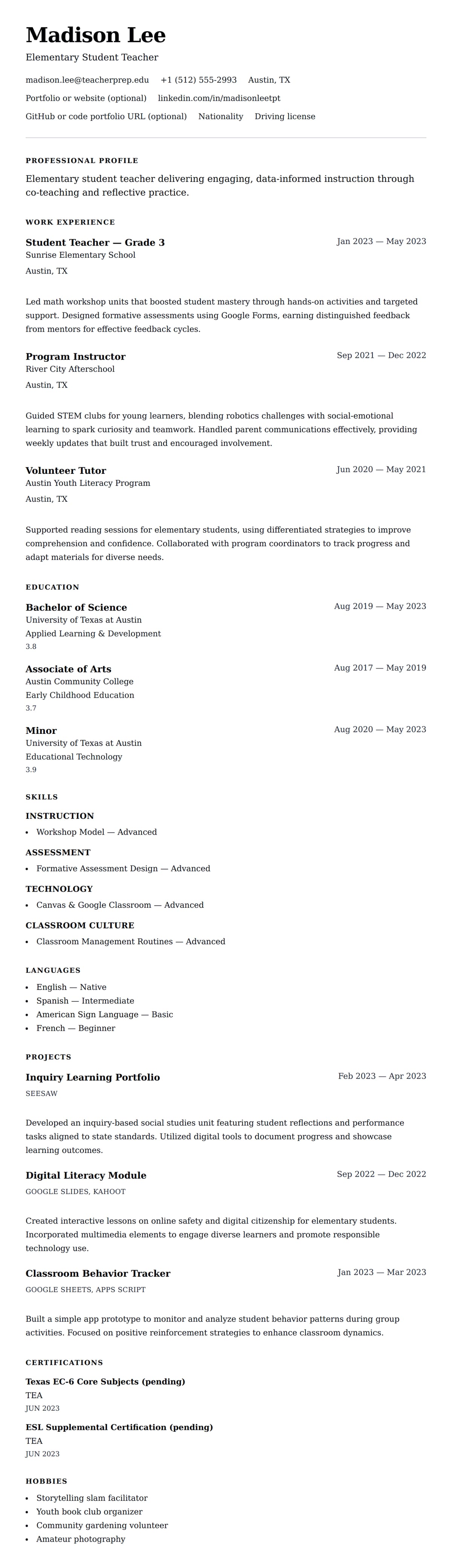 Resume preview for Student Teacher Resume Example