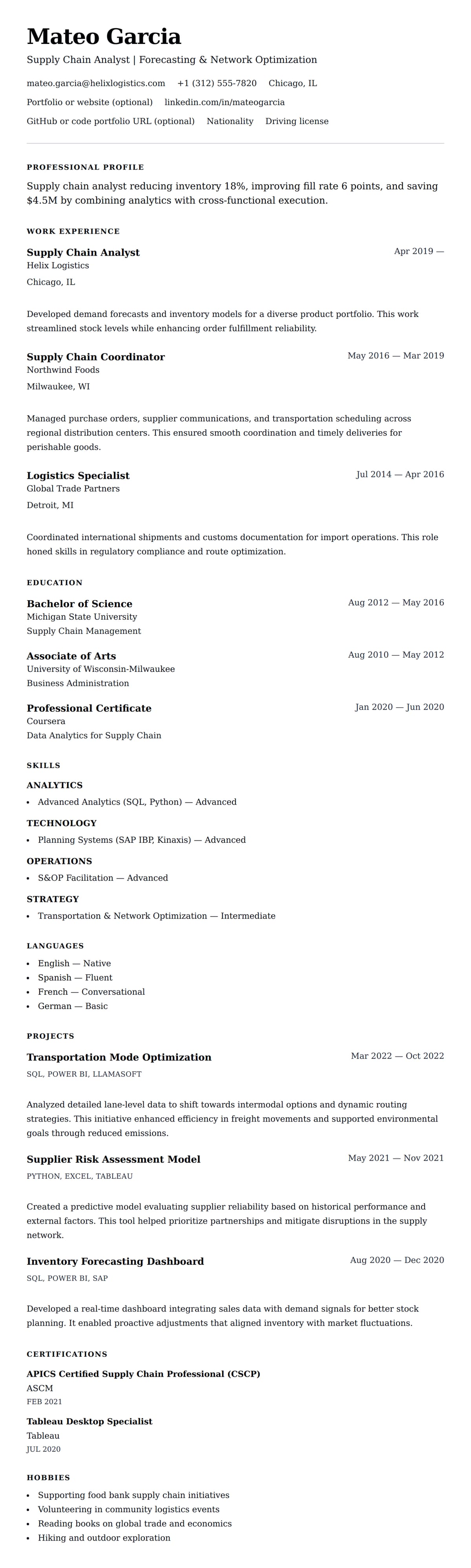 Supply Chain Analyst Resume Example