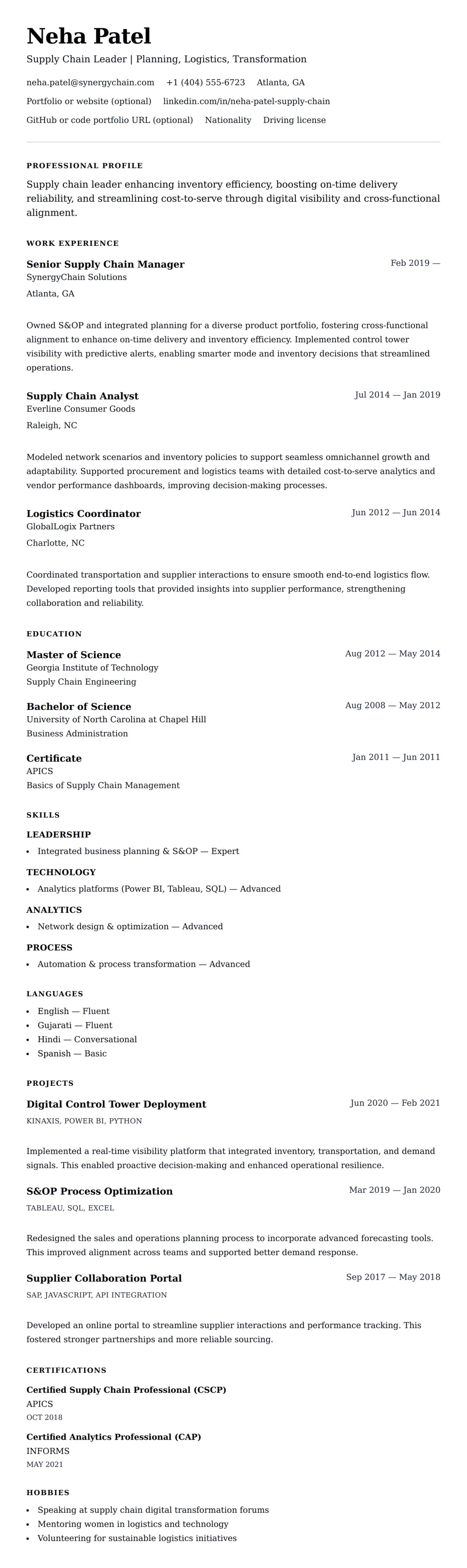 Resume preview for Supply Chain Professional Resume Example