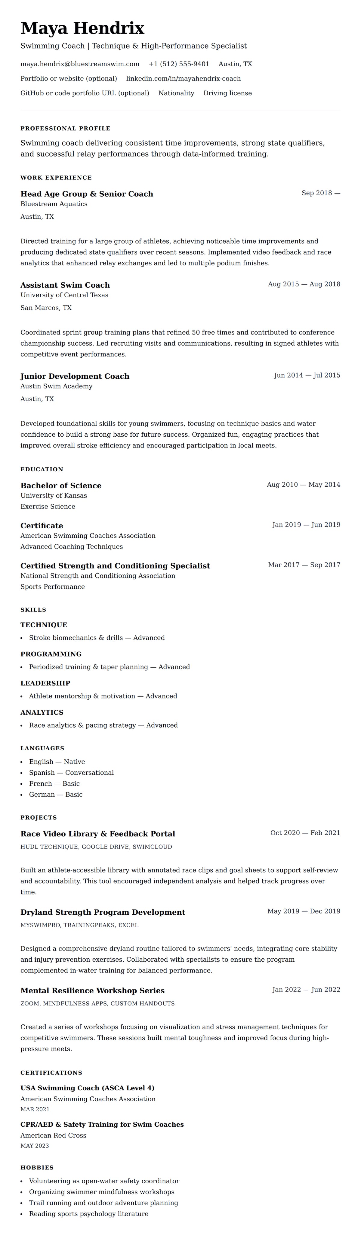 Resume preview for Swimming Coach Resume Example