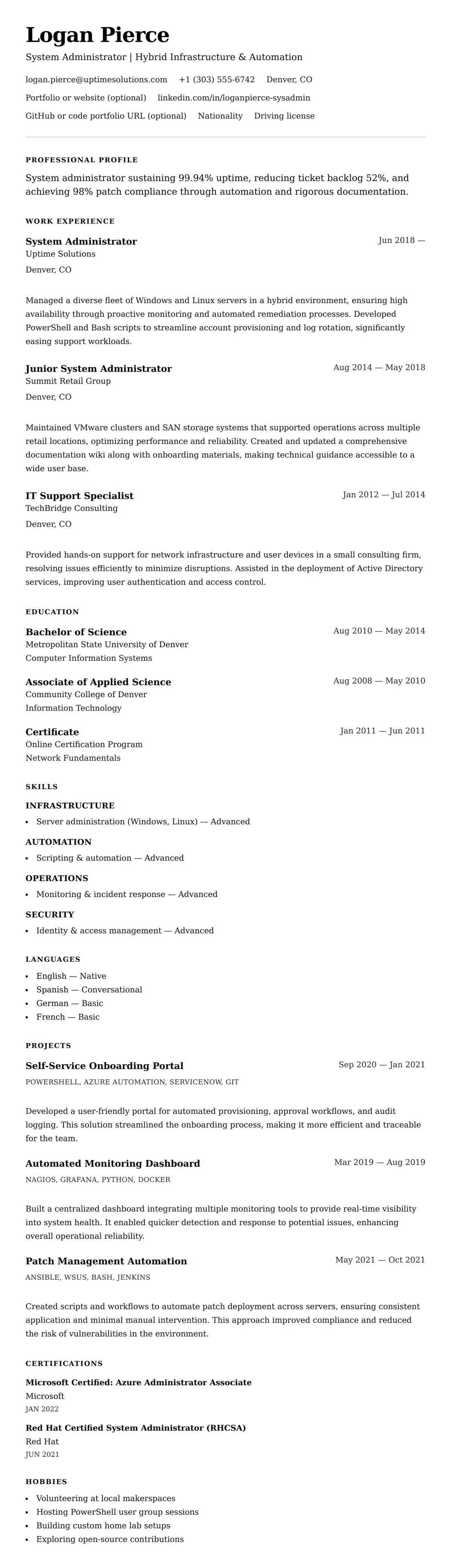 Resume preview for System Administrator Resume Example
