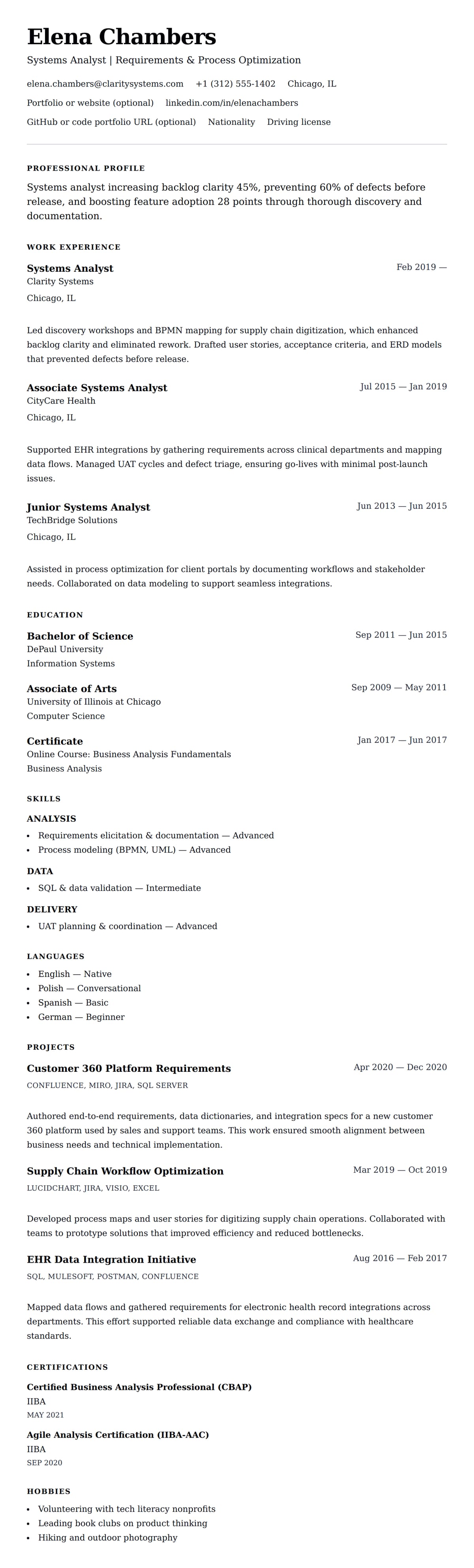 Resume preview for Systems Analyst Resume Example