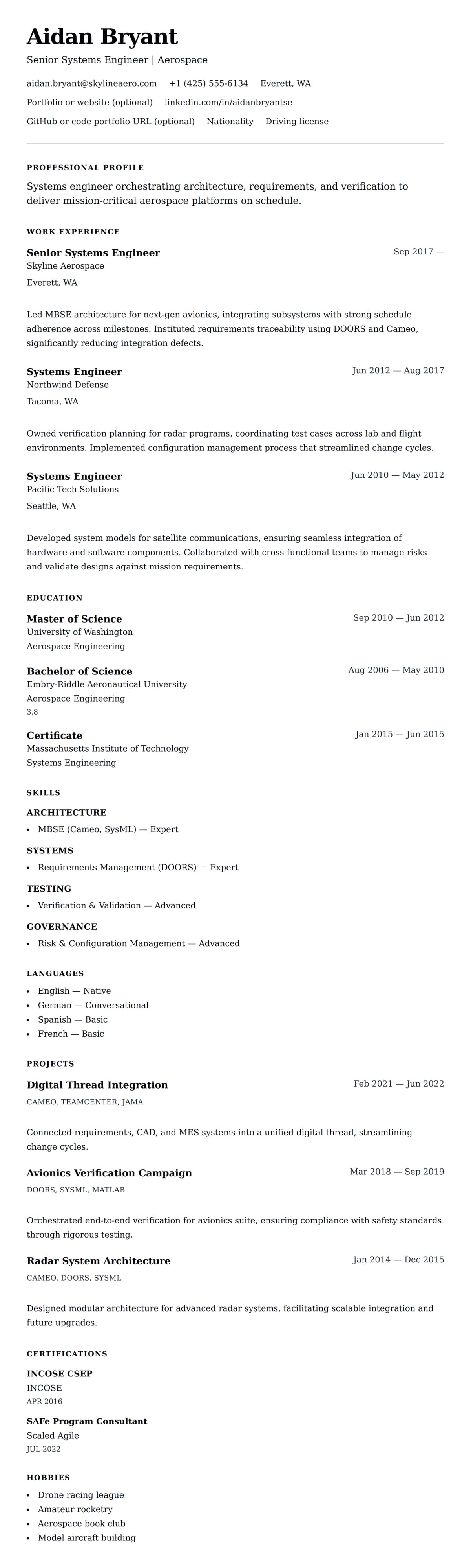 Resume preview for Systems Engineer Resume Example