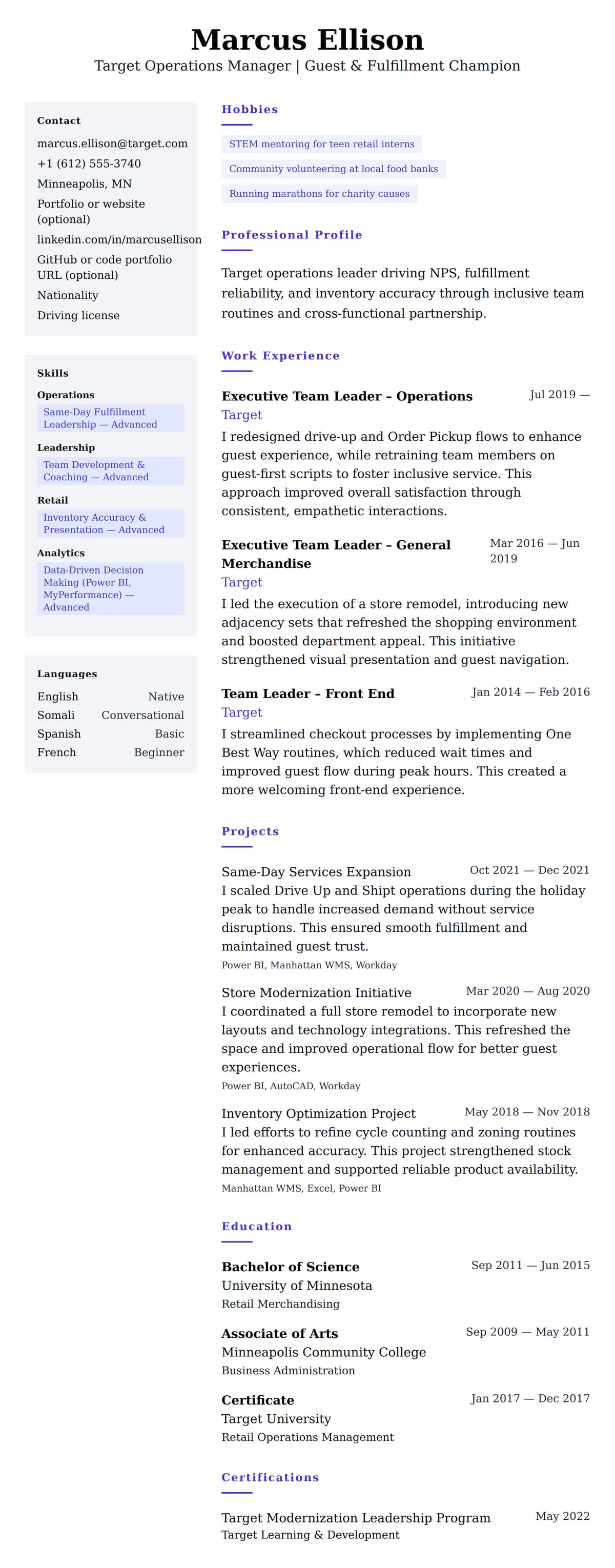 Resume preview for Target Operations Manager Resume Example