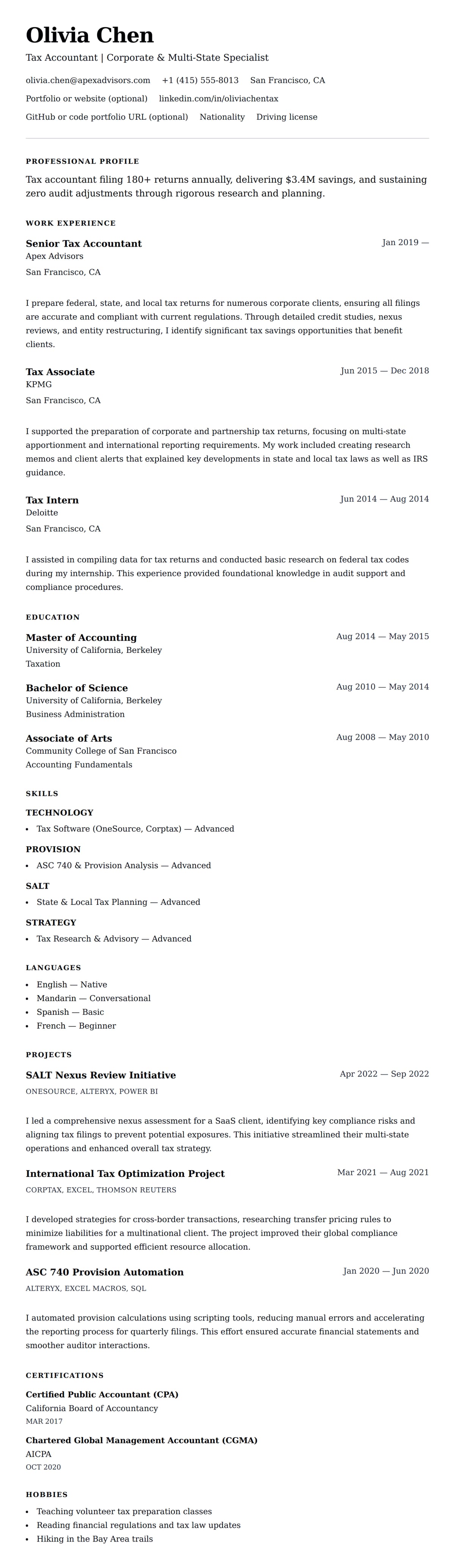 Resume preview for Tax Accountant Resume Example