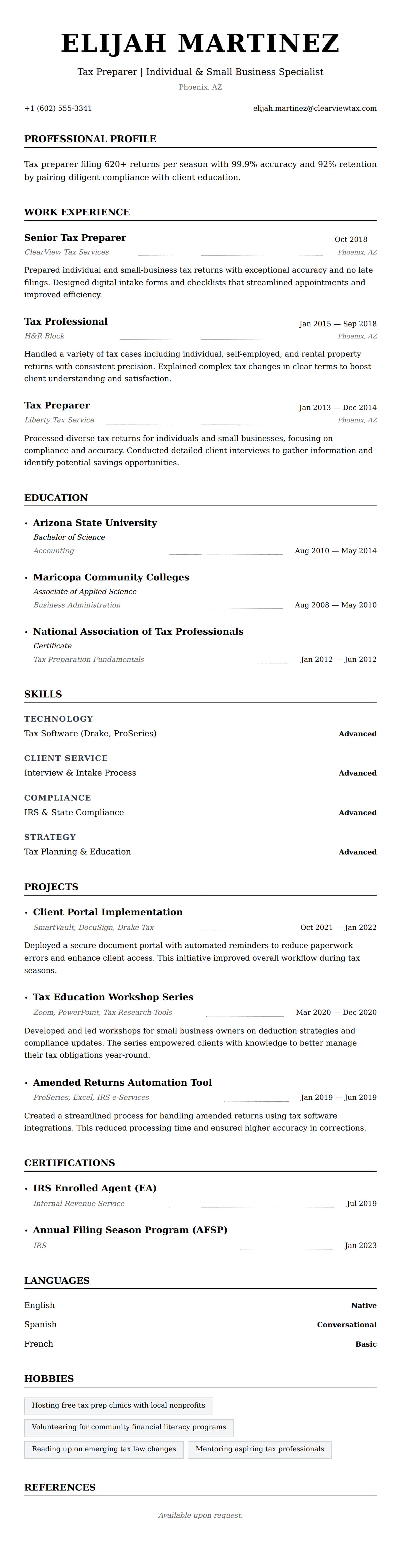 Resume preview for Tax Preparer Resume Example