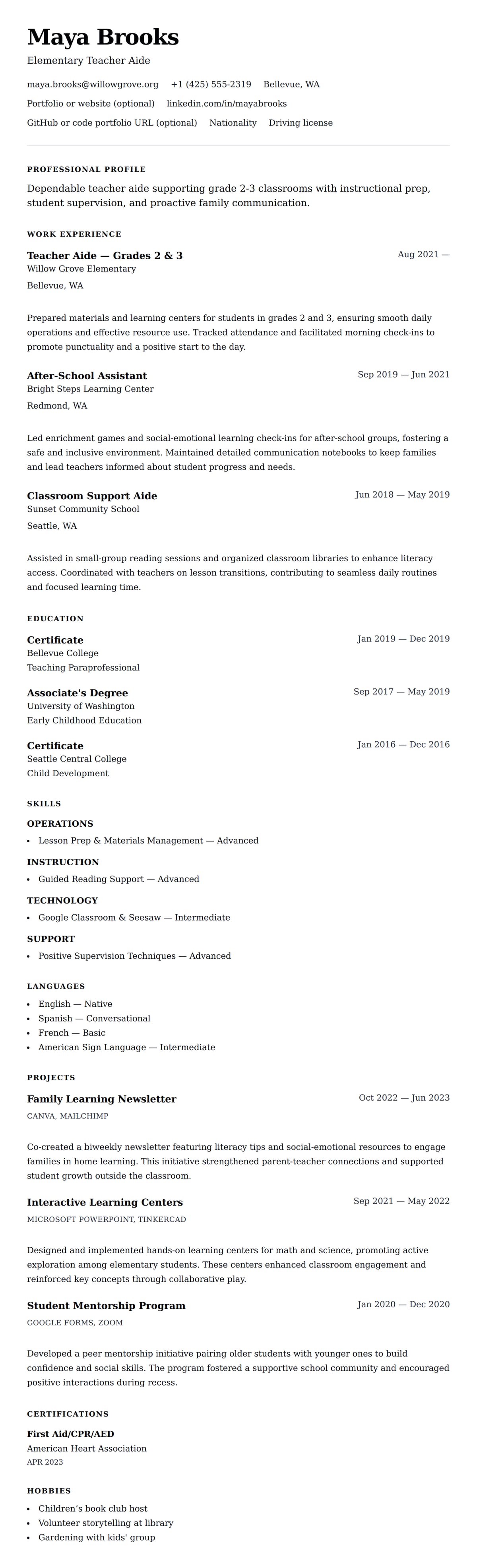 Resume preview for Teacher Aide Resume Example