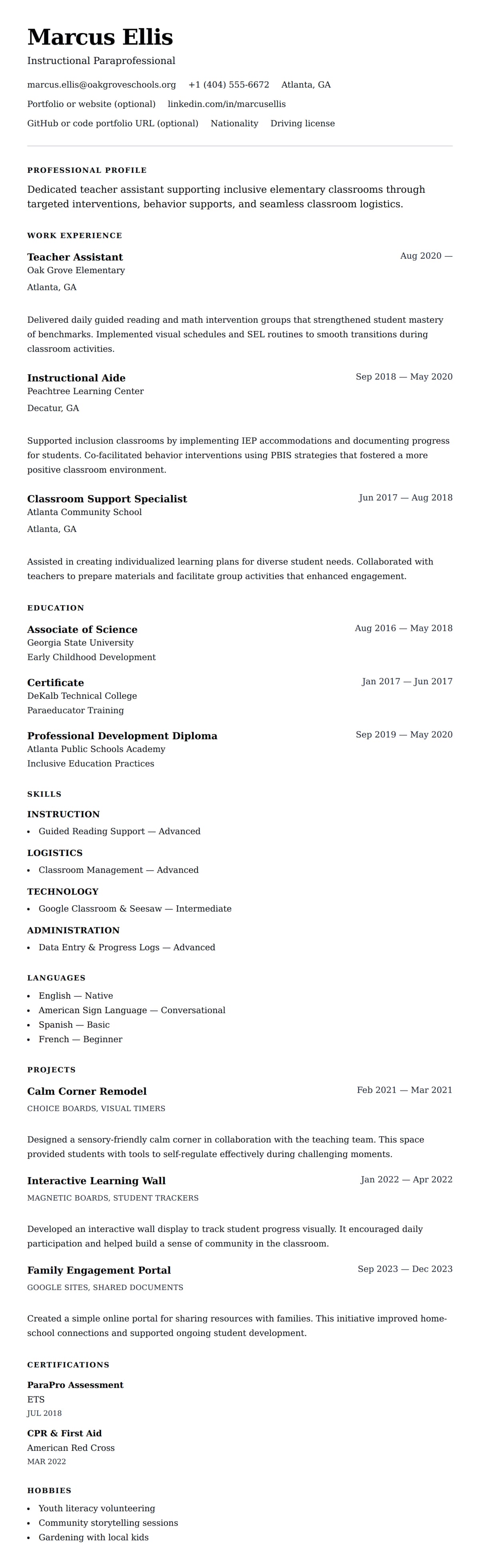 Resume preview for Teacher Assistant Resume Example