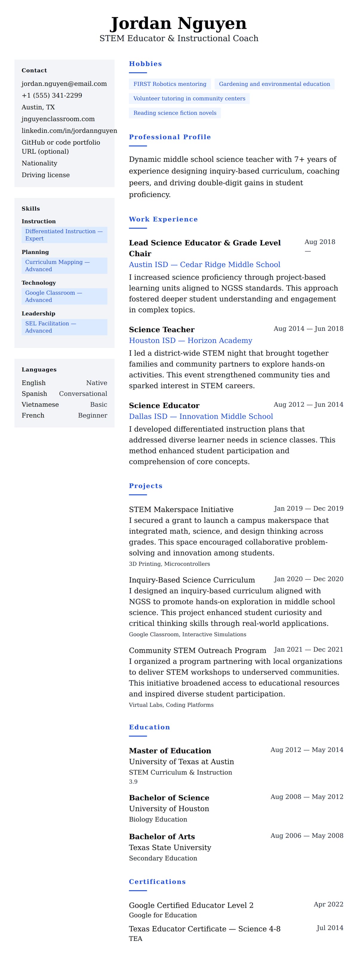 Resume preview for Teacher Resume Example