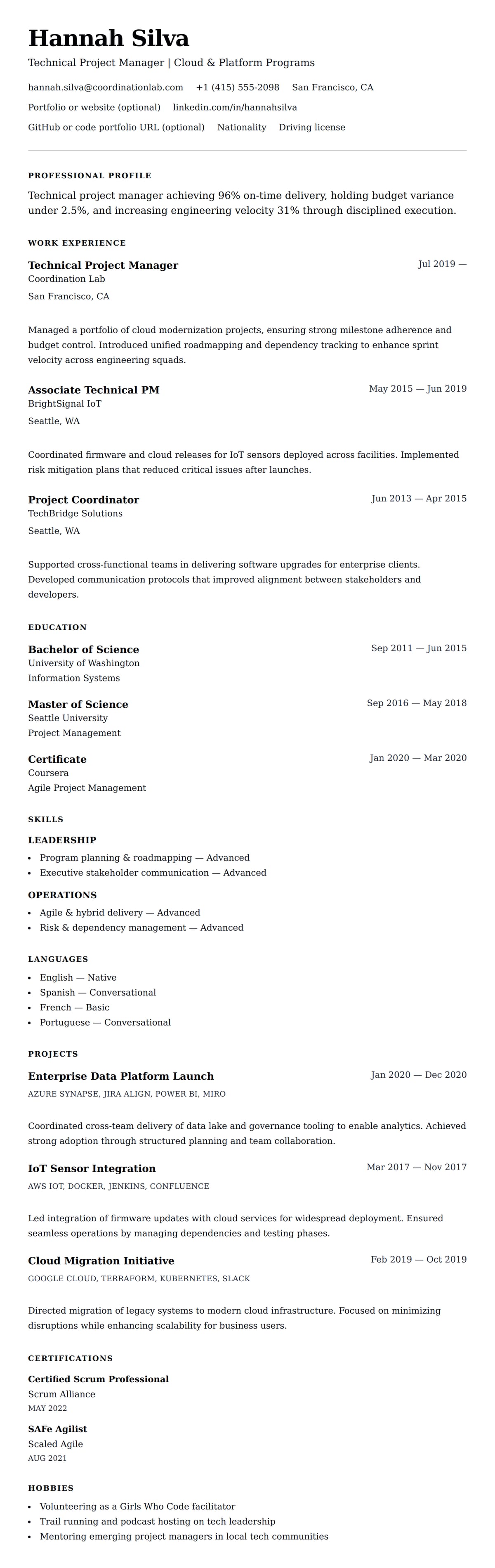 Resume preview for Technical Project Manager Resume Example