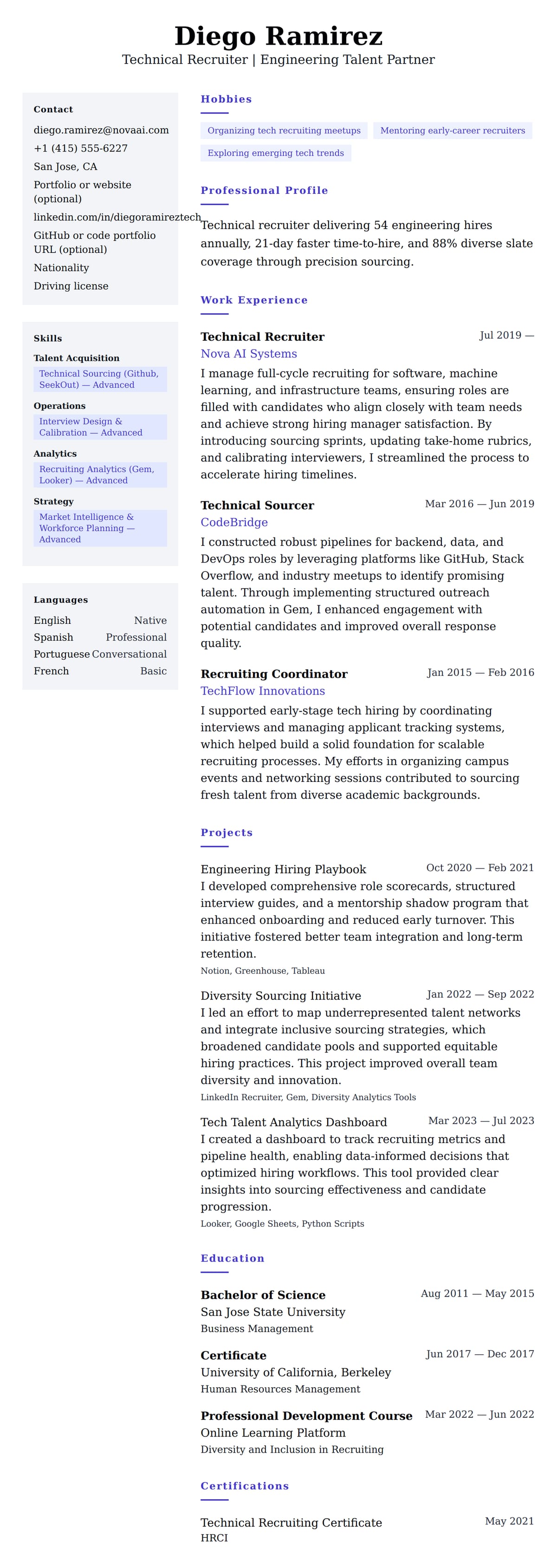 Technical Recruiter Resume Example