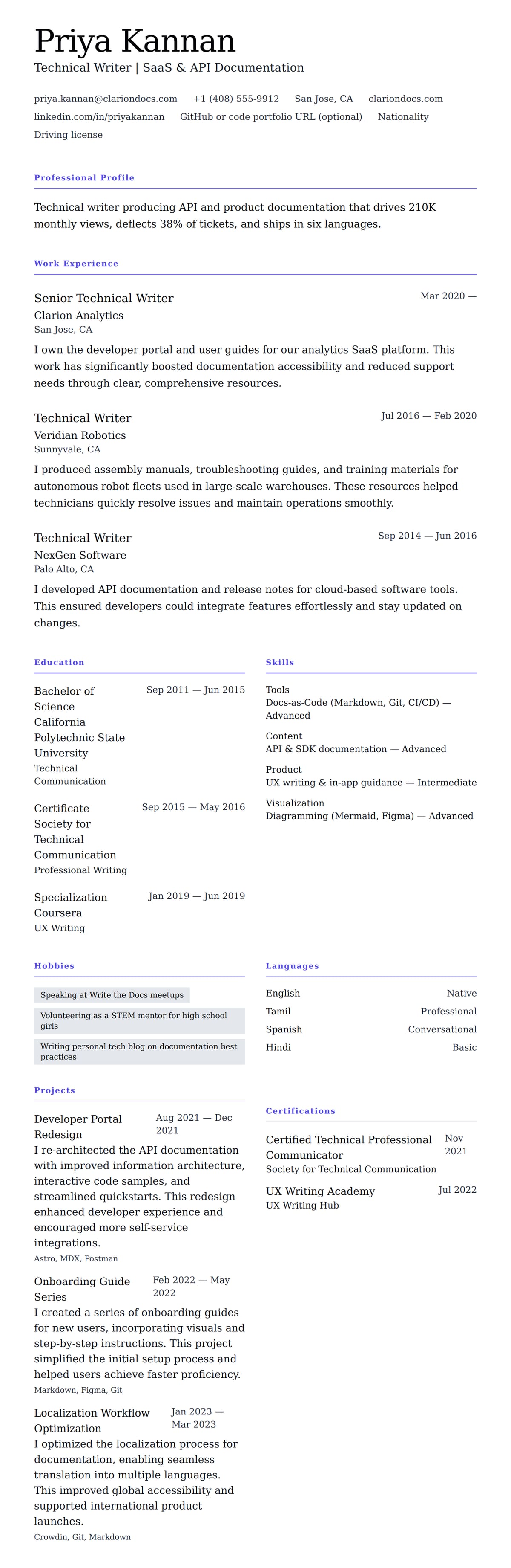 Resume preview for Technical Writer Resume Example