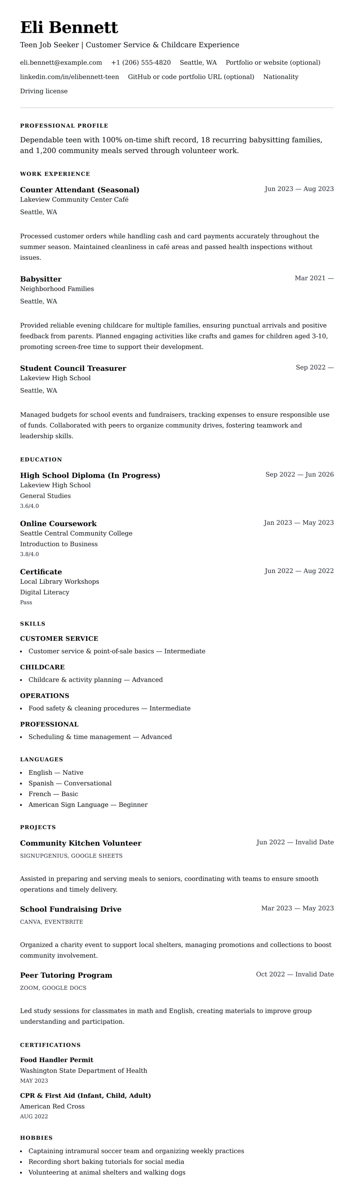 Resume preview for Teen Job Seeker Resume Example