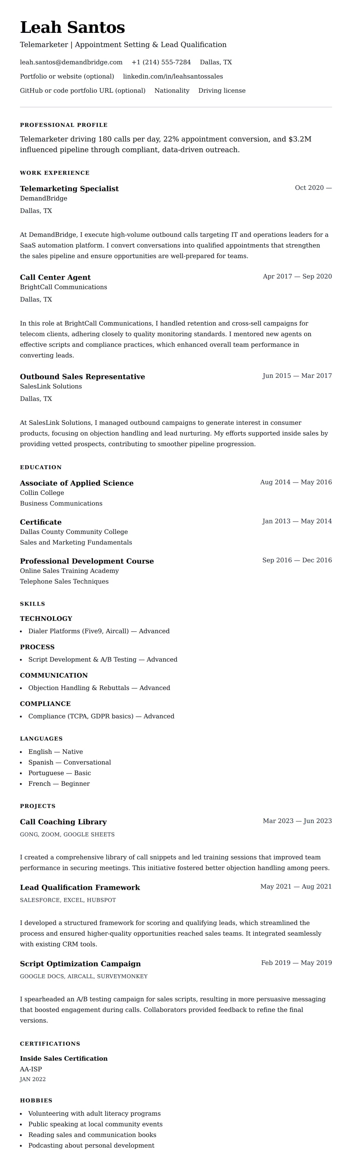 Resume preview for Telemarketer Resume Example