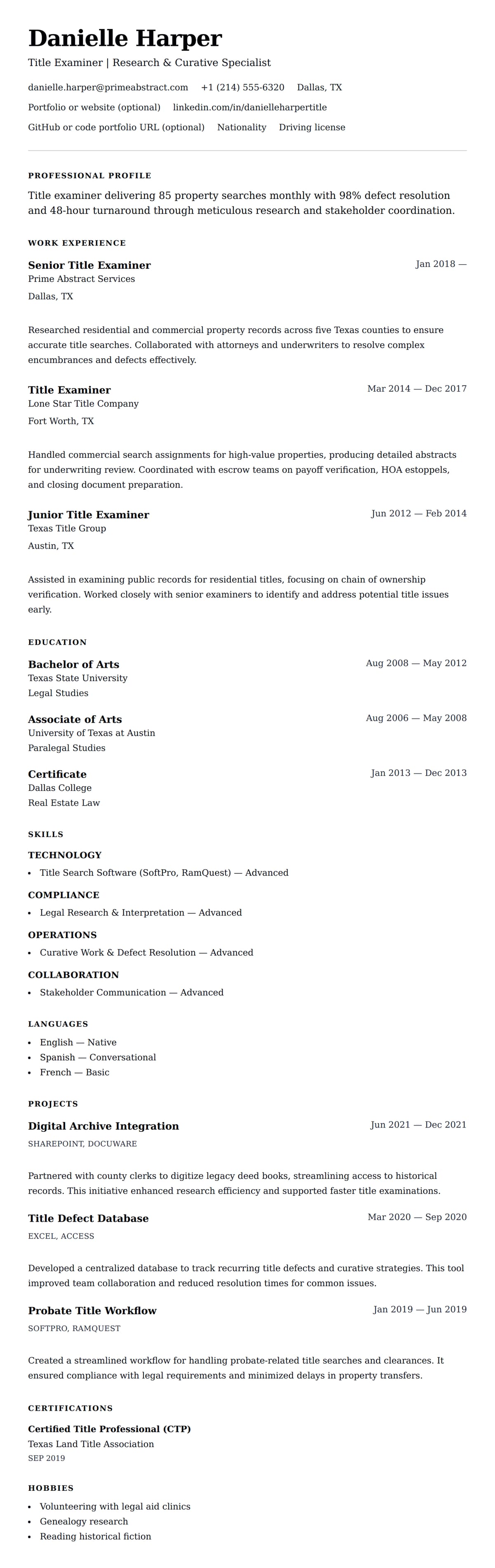 Resume preview for Title Examiner Resume Example