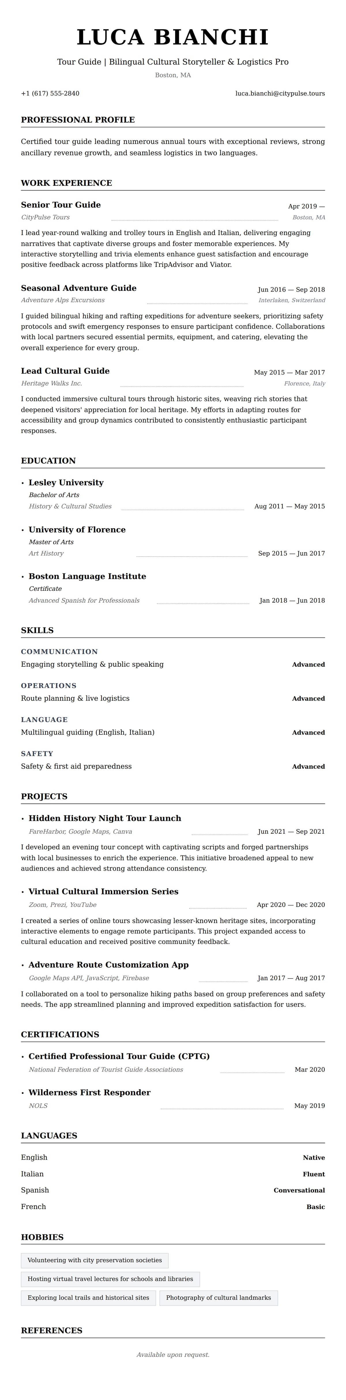 Resume preview for Tour Guide Resume Example
