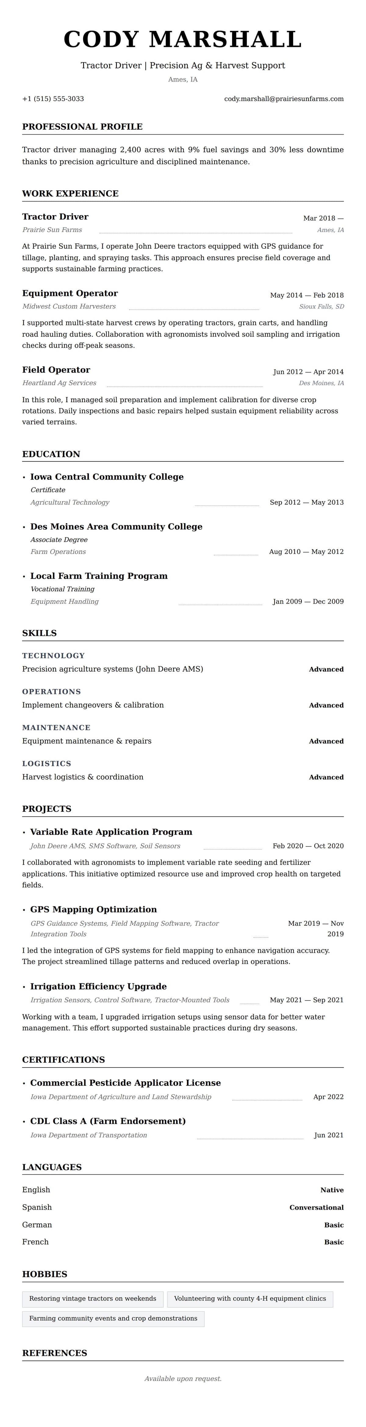 Resume preview for Tractor Driver Resume Example