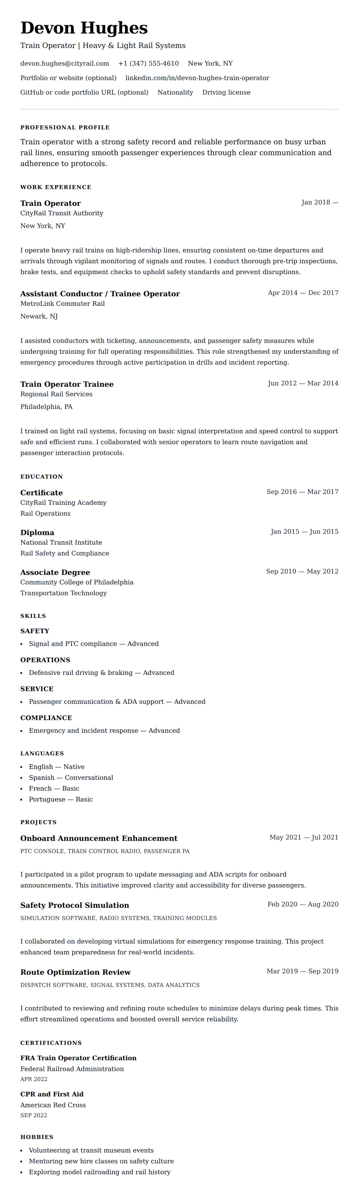 Resume preview for Train Operator Resume Example
