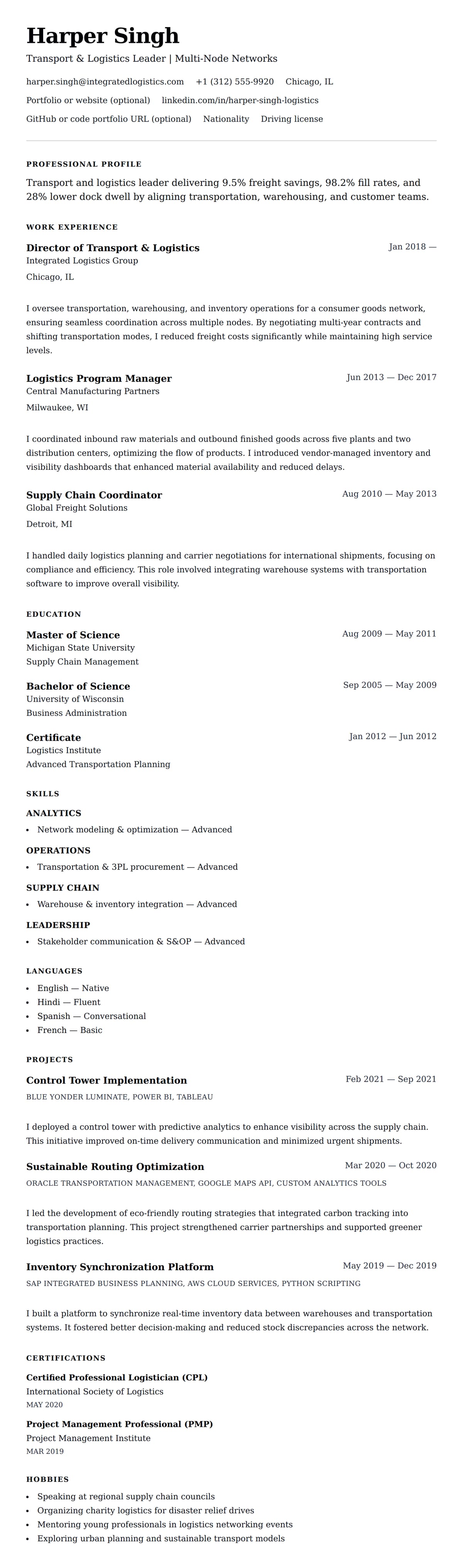 Resume preview for Transport and Logistics Professional Resume Example