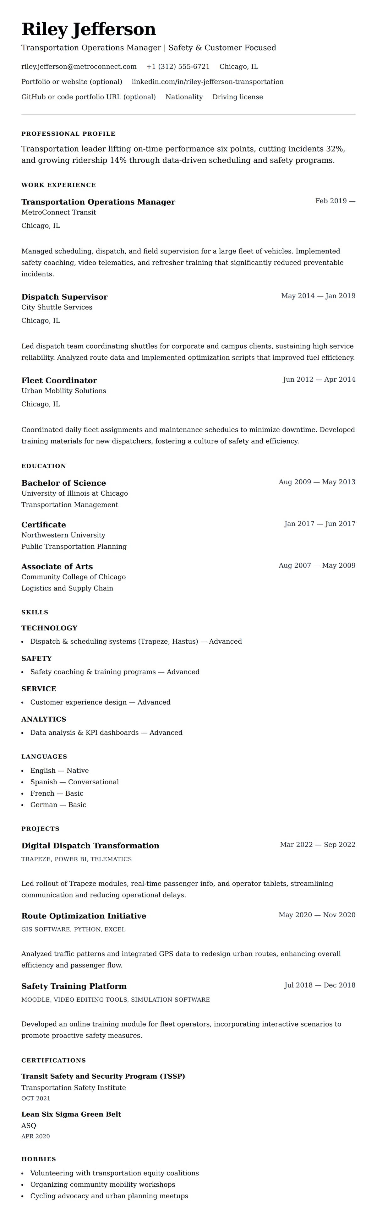 Resume preview for Transportation Professional Resume Example