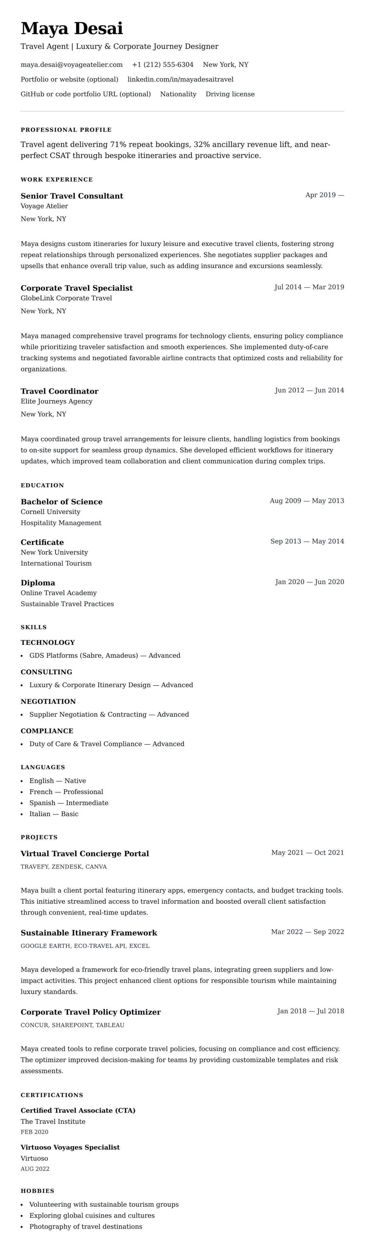 Resume preview for Travel Agent Resume Example