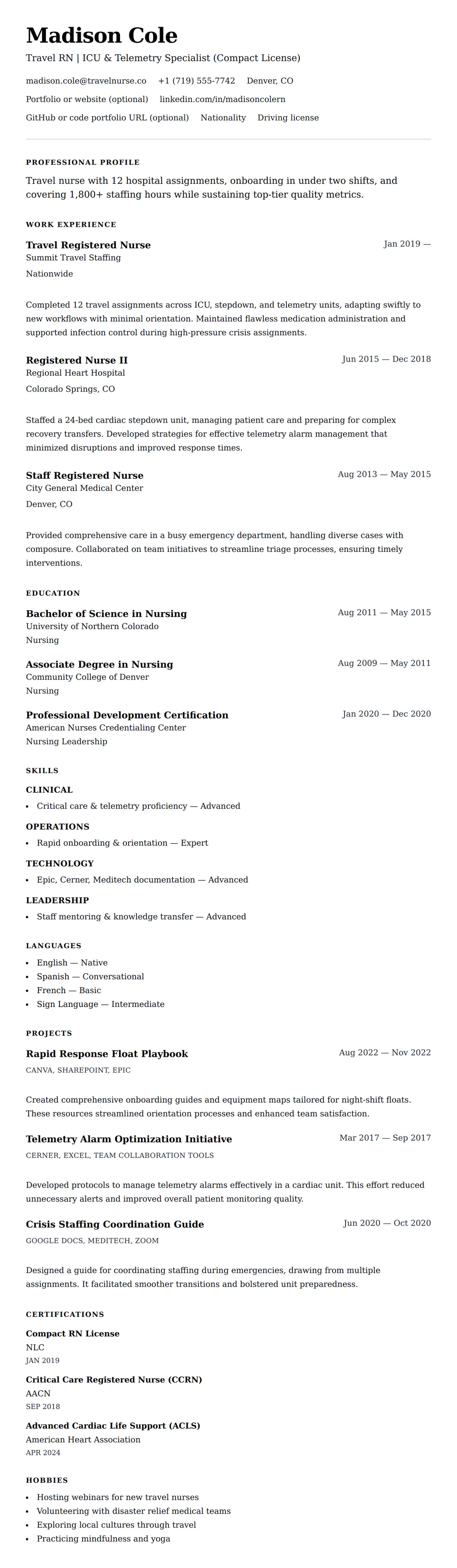 Resume preview for Travel Nurse Resume Example