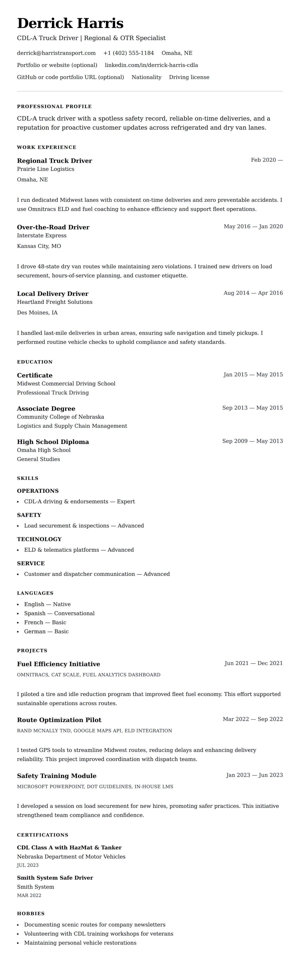 Resume preview for Truck Driver Resume Example