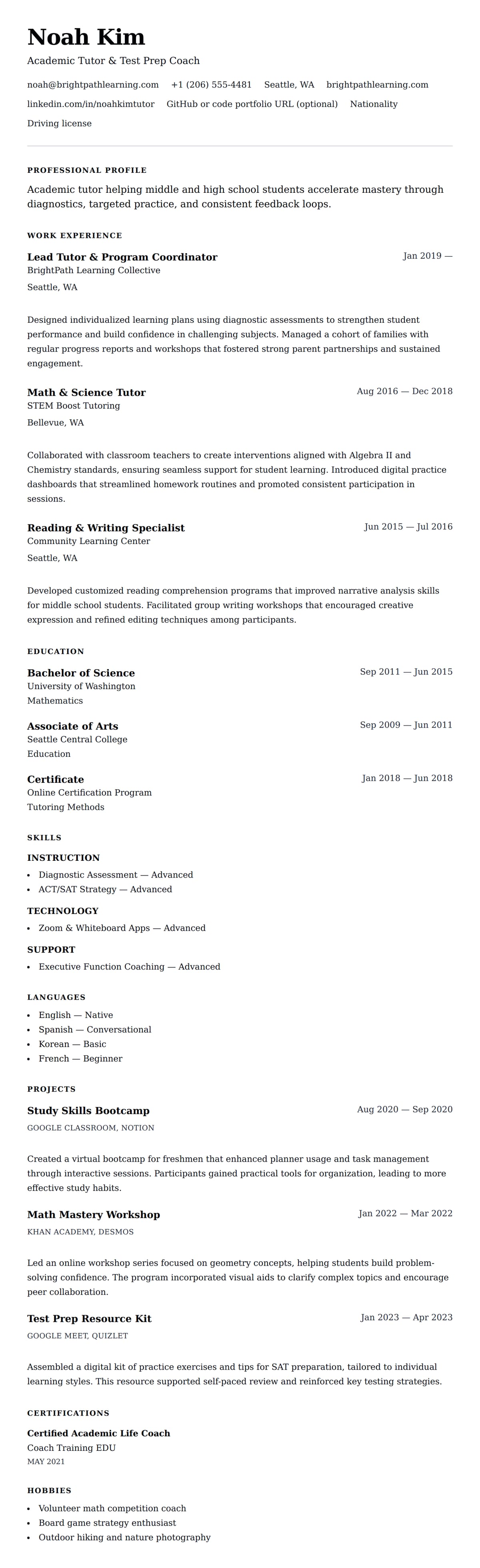 Resume preview for Tutor Resume Example