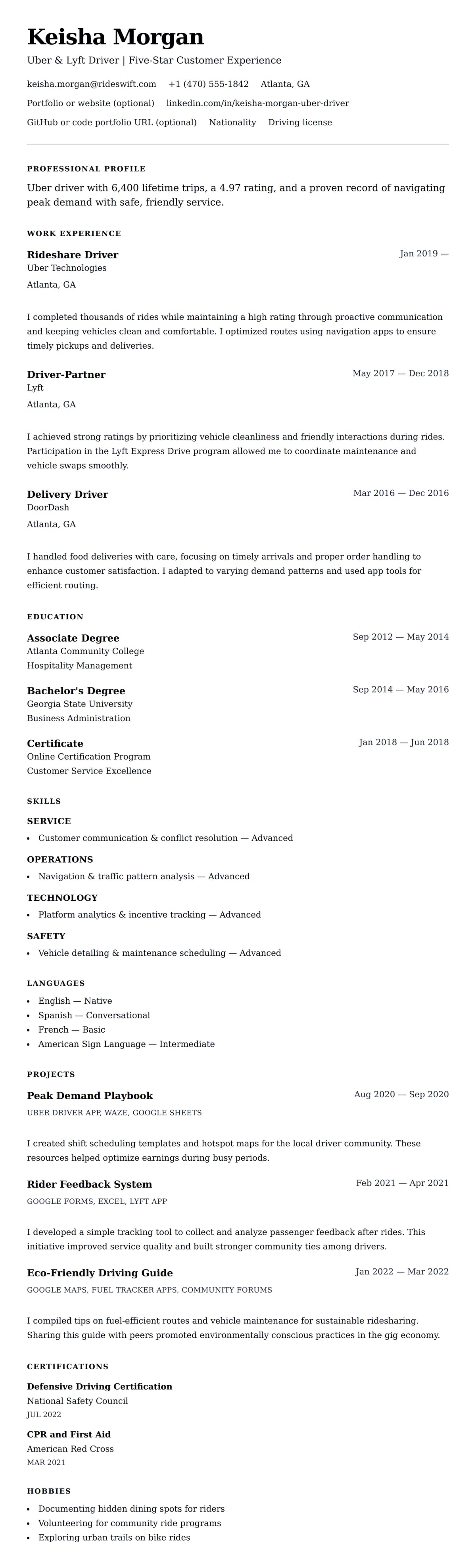 Resume preview for Uber Driver Resume Example