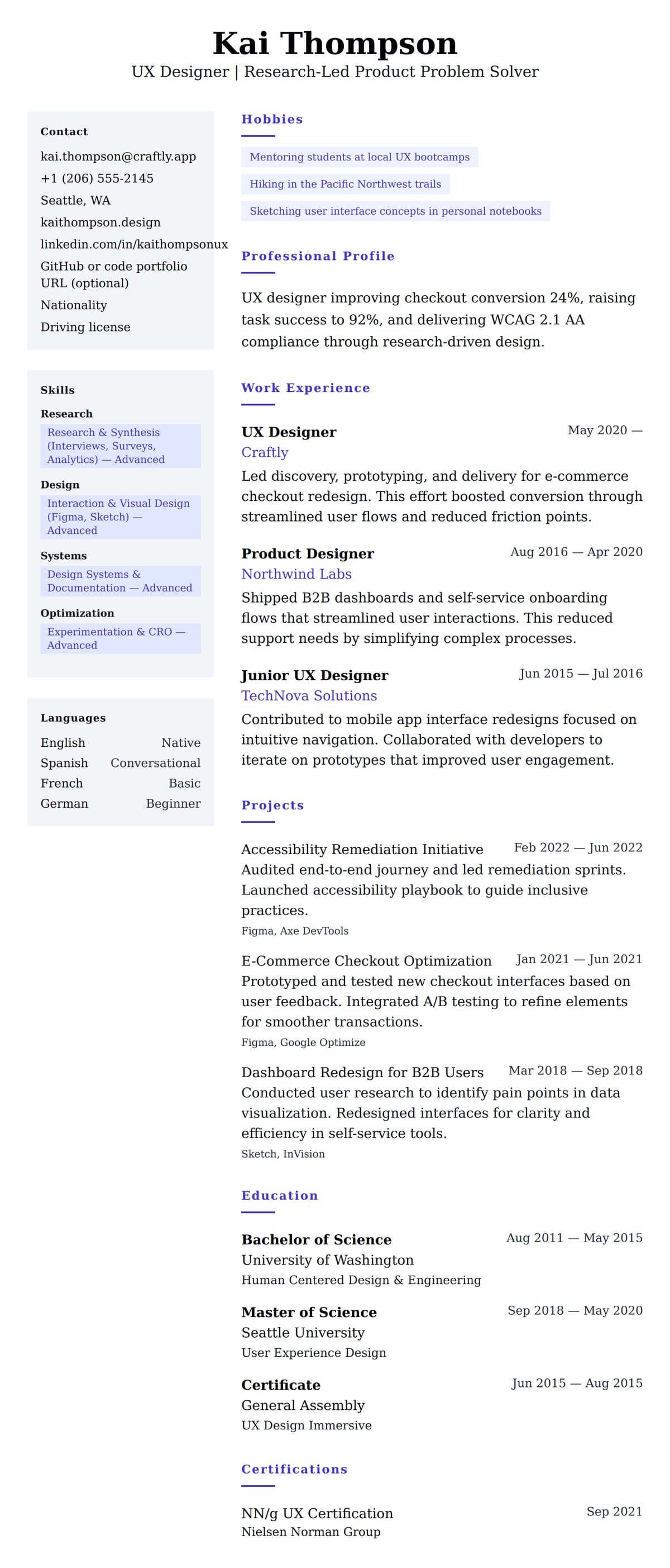 Resume preview for UX Designer Resume Example