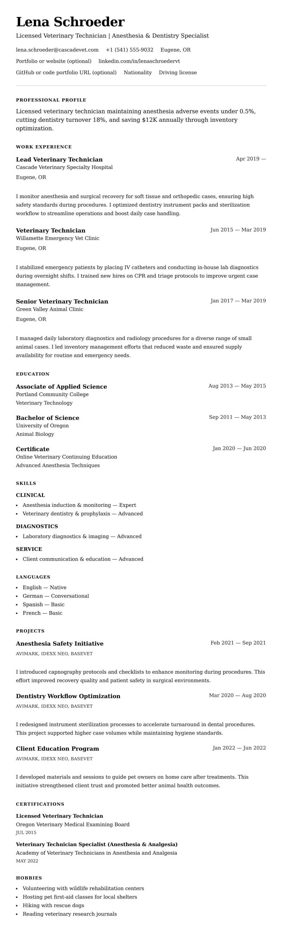 Resume preview for Veterinary Technician Resume Example