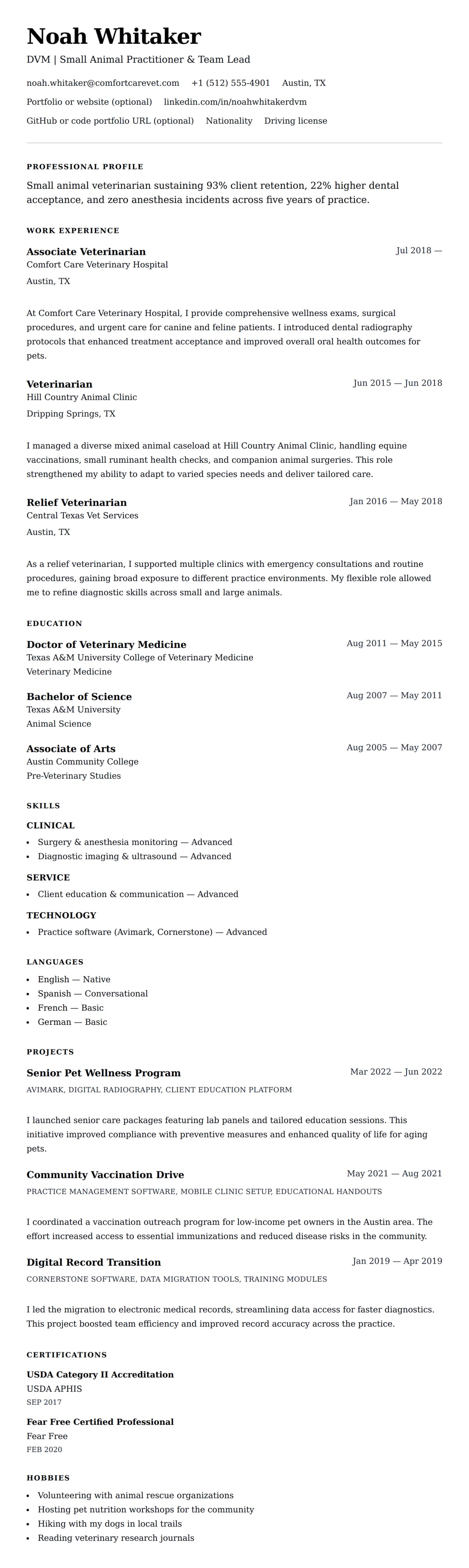 Resume preview for Veterinarian Resume Example
