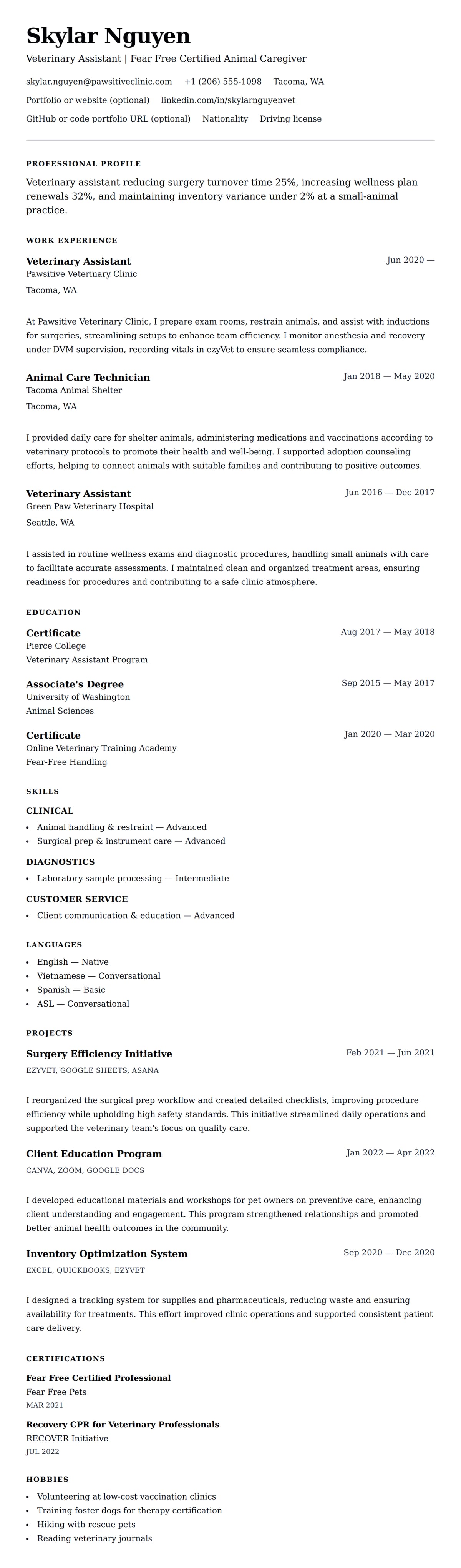 Veterinary Assistant Resume Example