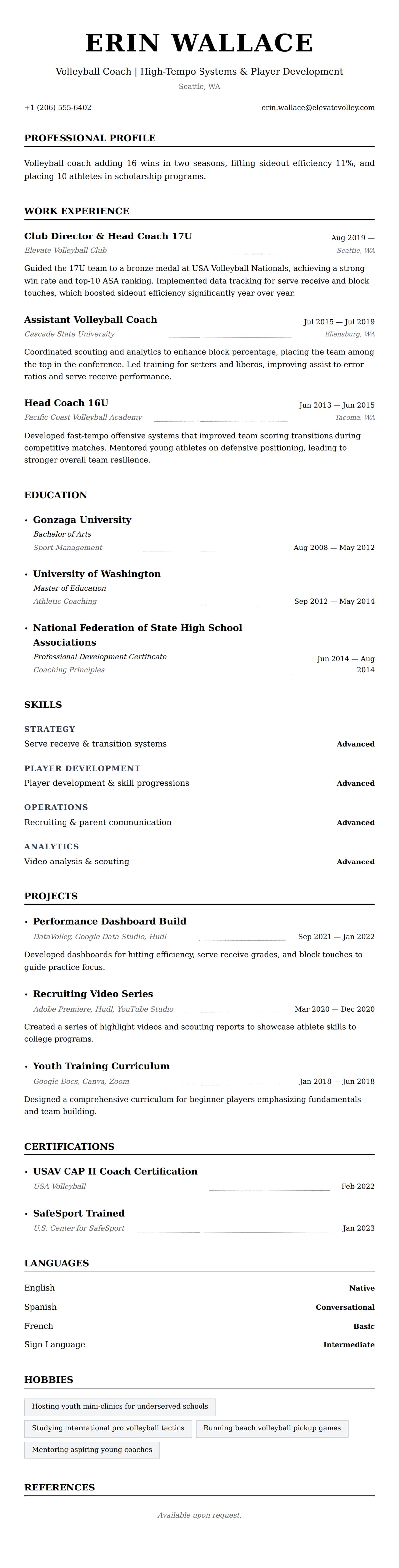 Resume preview for Volleyball Coach Resume Example