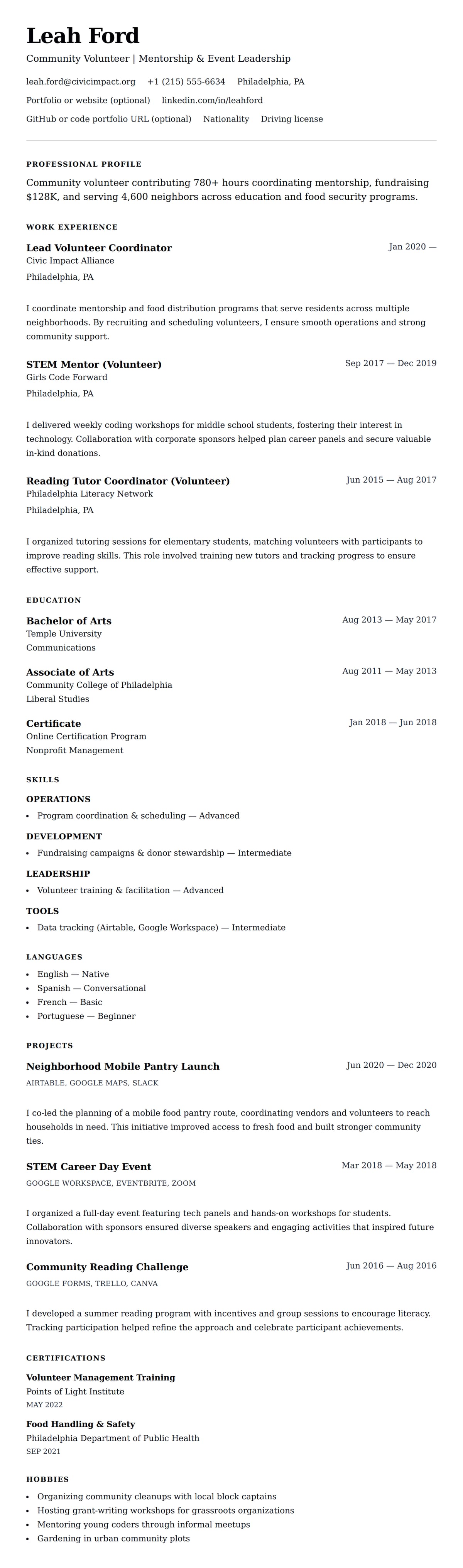 Resume preview for Volunteer Resume Example