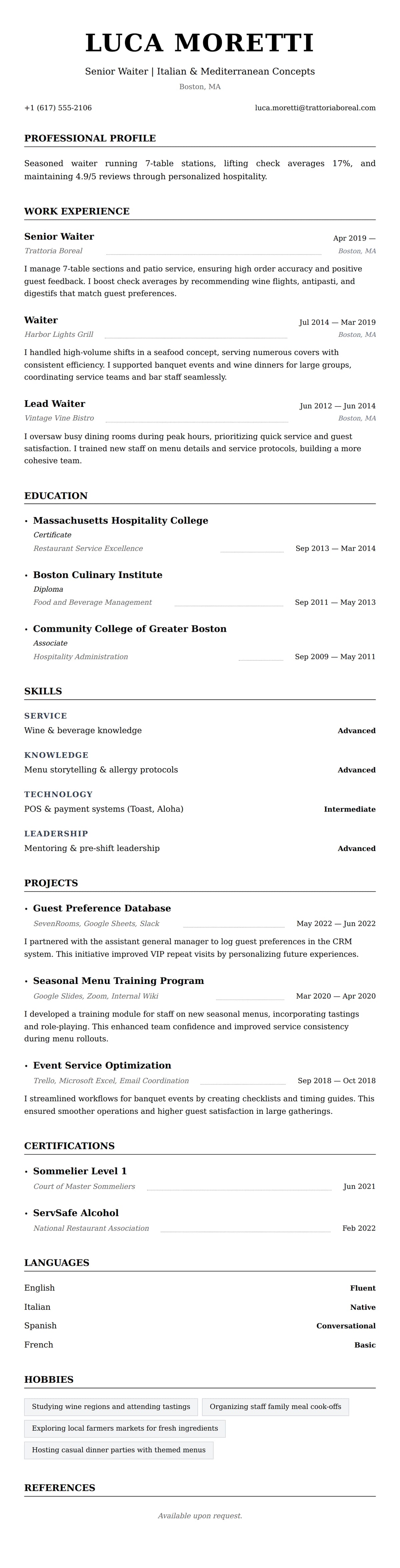 Resume preview for Waiter Resume Example