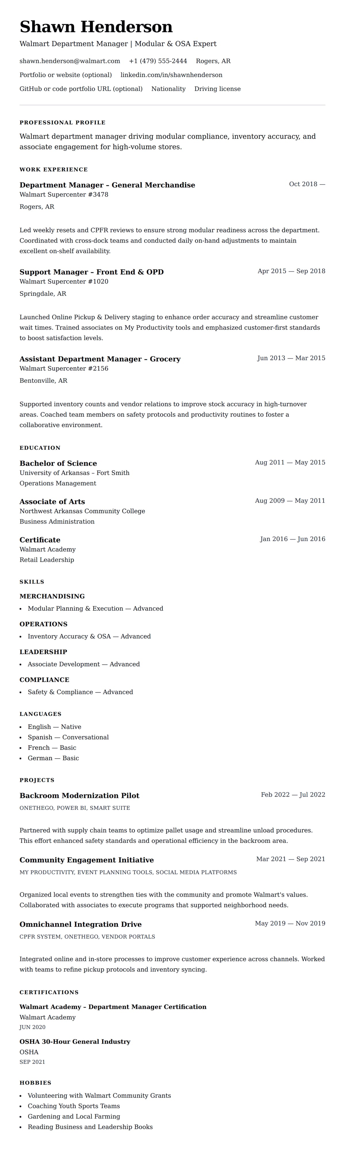 Resume preview for Walmart Department Manager Resume Example