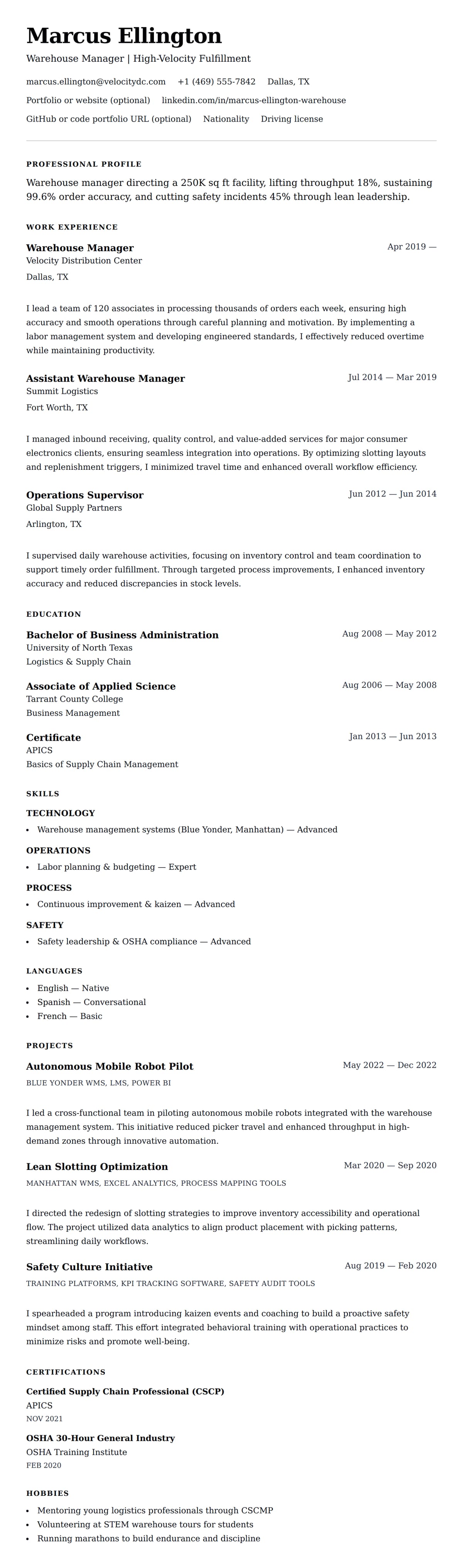 Resume preview for Warehouse Manager Resume Example