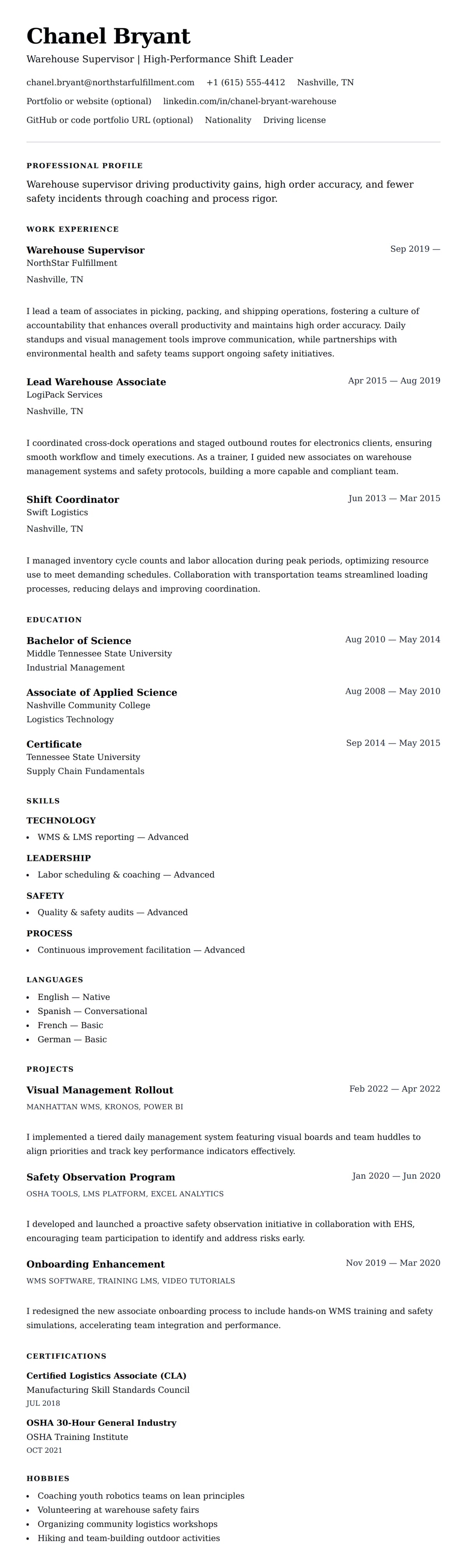 Resume preview for Warehouse Supervisor Resume Example